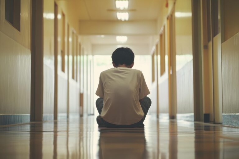 Student sitting in hallway